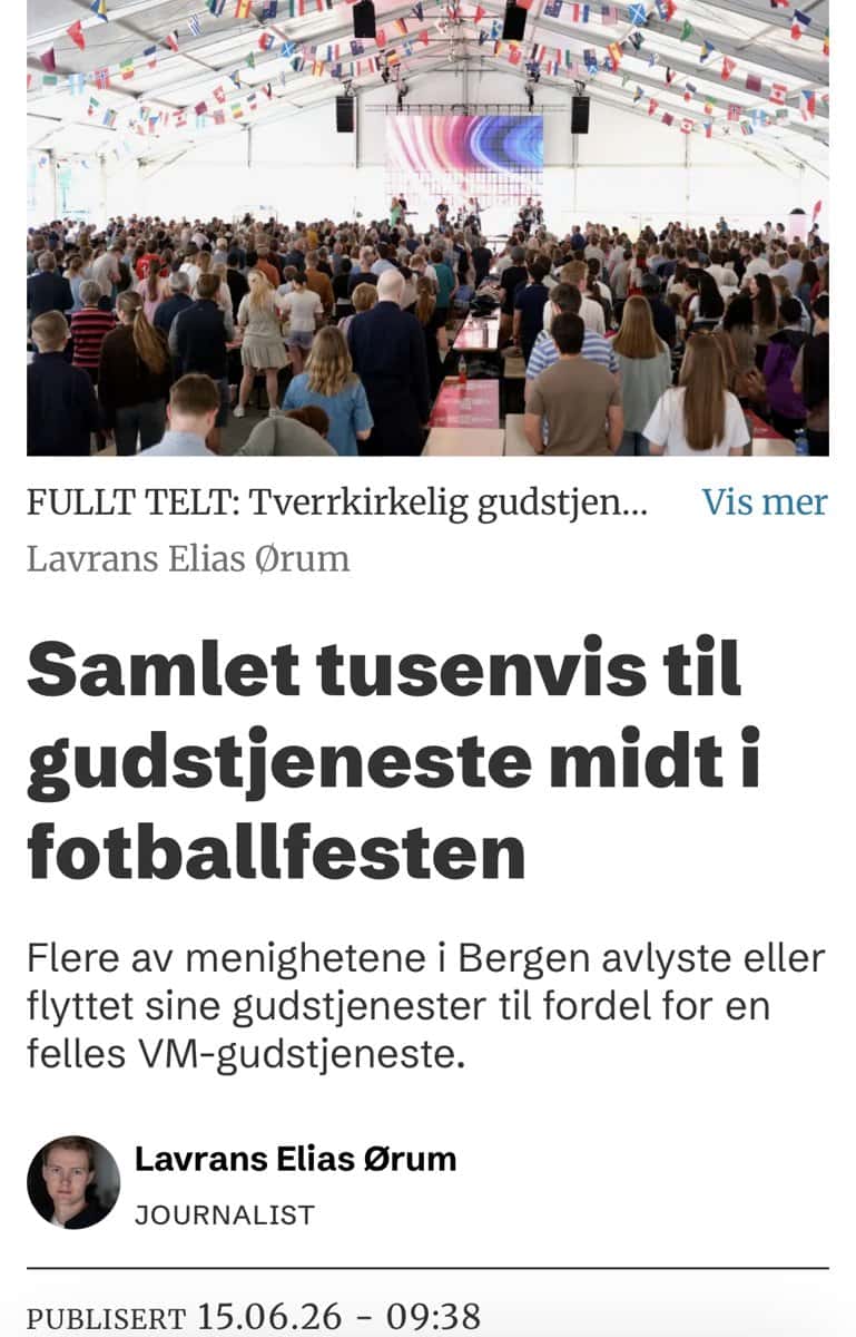 Pangstart for ny daglig leder 2 Faksimile av artikkel i Dagen om VM-gudstjenesten, med bilde av fullsatt telt under gudstjenesten