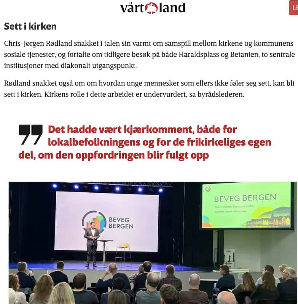Utklipp fra Vårt Land: avsnittet «Sett i kirken» og bilde av byrådslederen på scenen